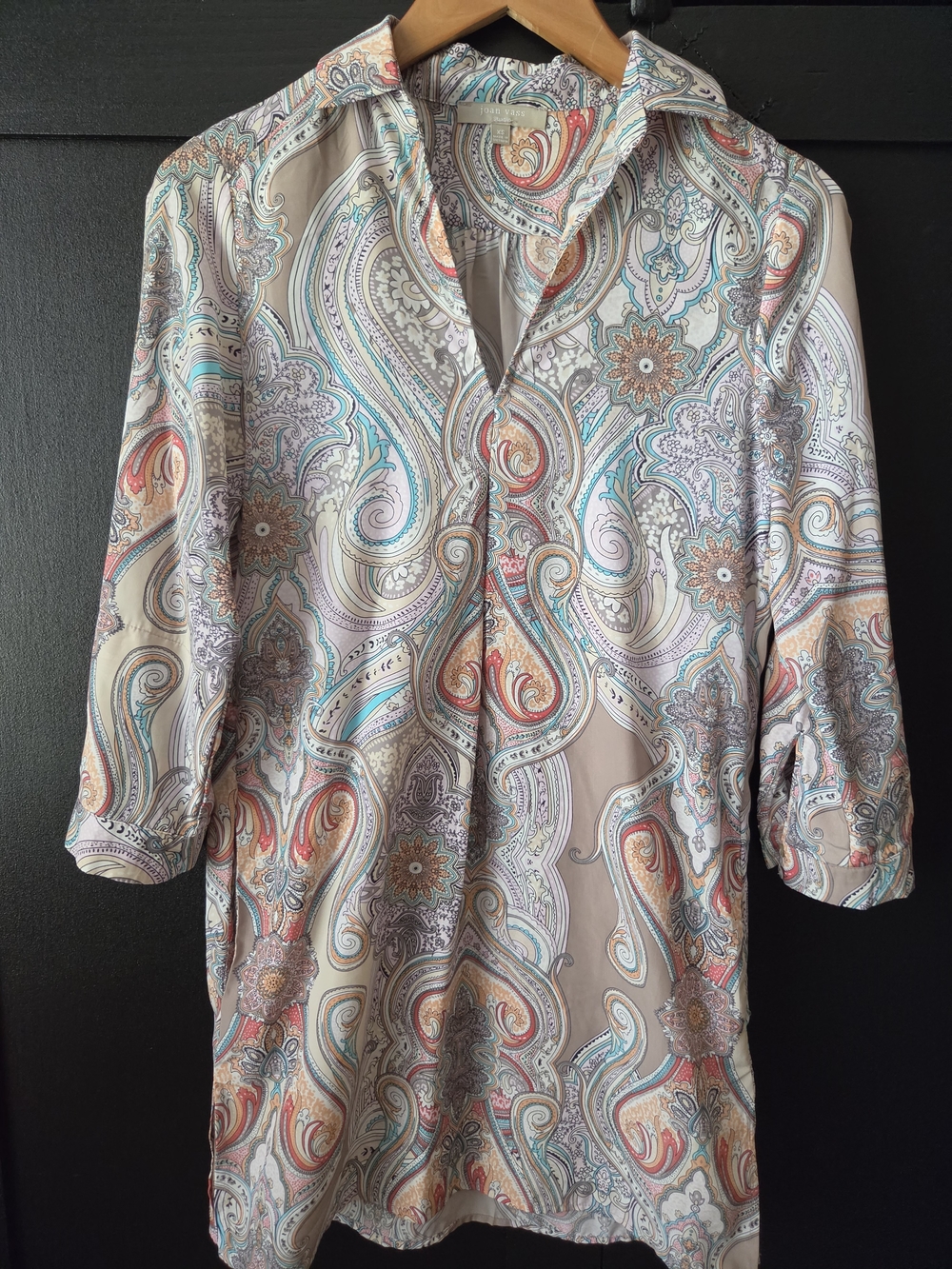 Joan Vass Taupe Paisley V-neck Long Sleeve Tunic ~ Size XS